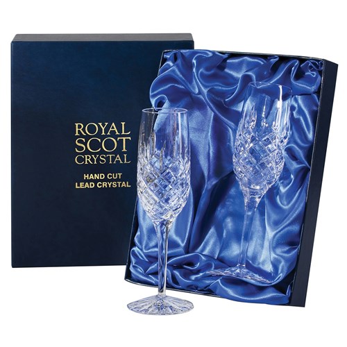 2 Royal Scot Crystal Champagne Flutes - London - PRESENTATION BOXED